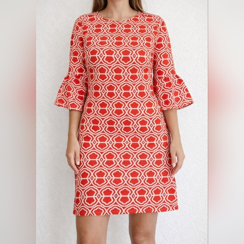 Escapada Shift Dress Womens‎ XL Red White Geometric 3/4 Bell Sleeve Rayon Scoop